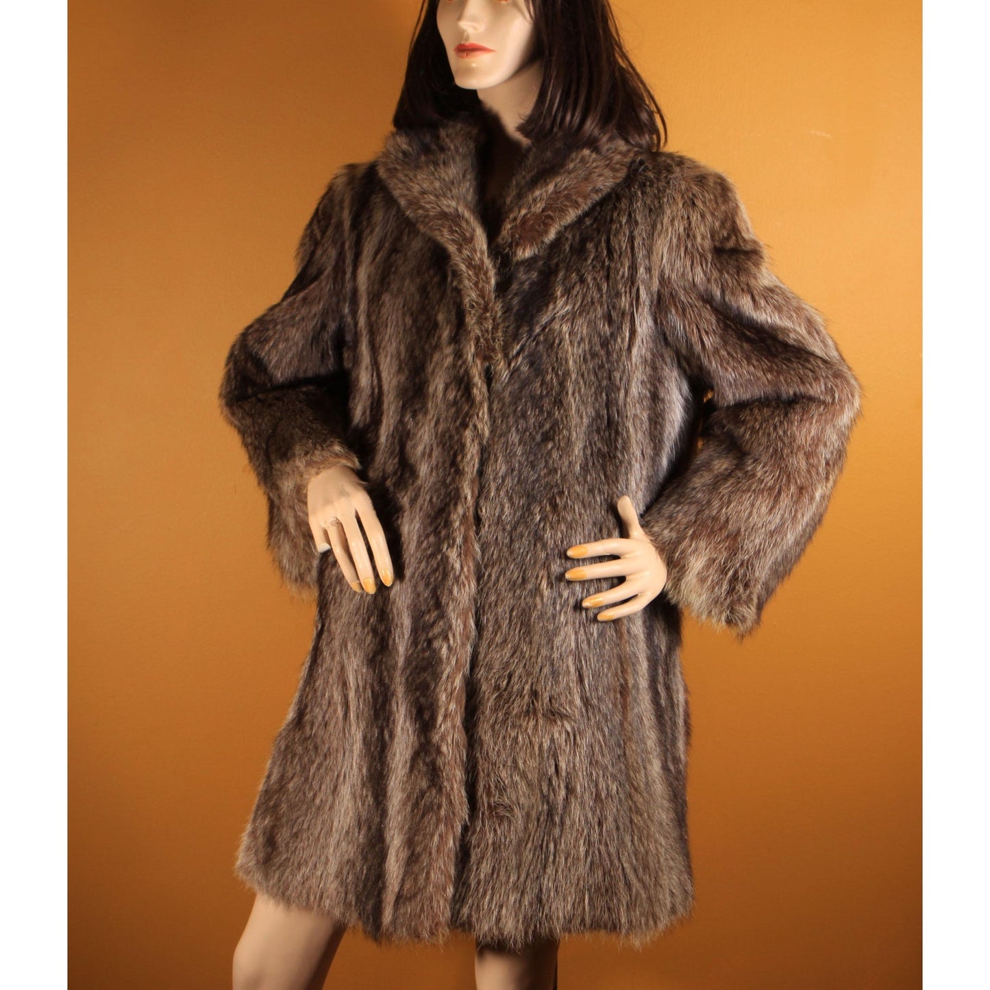 1970s Gray and Black Long Sleeve Raccoon Fur Coat -XL