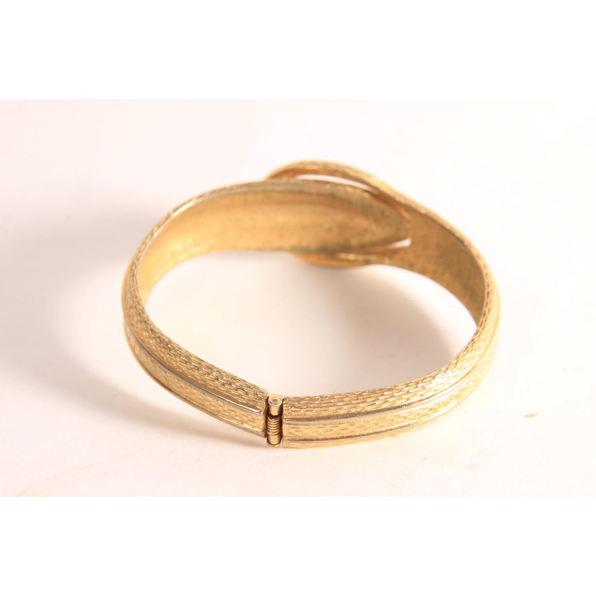 1970s 1980s Gold Tone Metal Novelty Buckle Hinged Clamper Bracelet by Avon