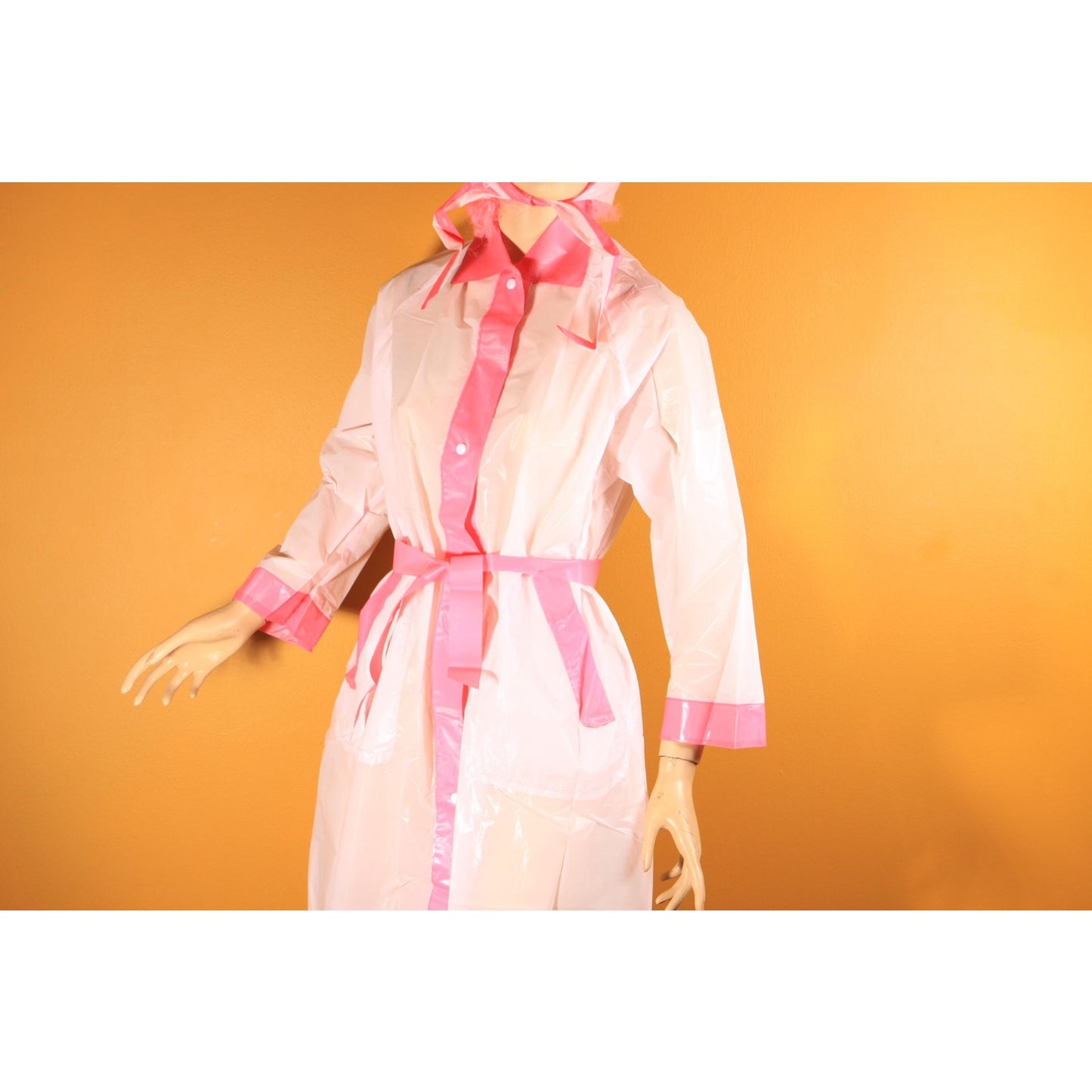 Deadstock 1950s Two Tone Pink Metal Snap Belted Raincoat with Matching Rain Bonnet -S