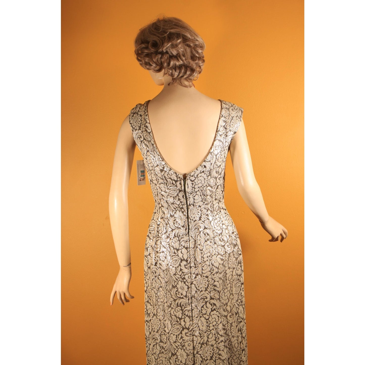 Early 1950s Gold & Brown Lurex Floral Mink Fur Trim Sleeveless Cocktail Dress with Matching Cropped Jacket and Muff by Terry Allen Original