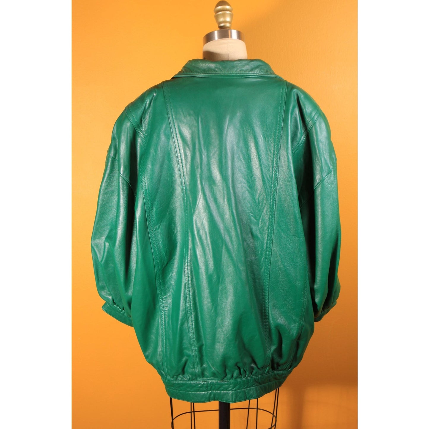 1980s Green Leather Metal Snap 3/4 Length Sleeve Jacket Coat