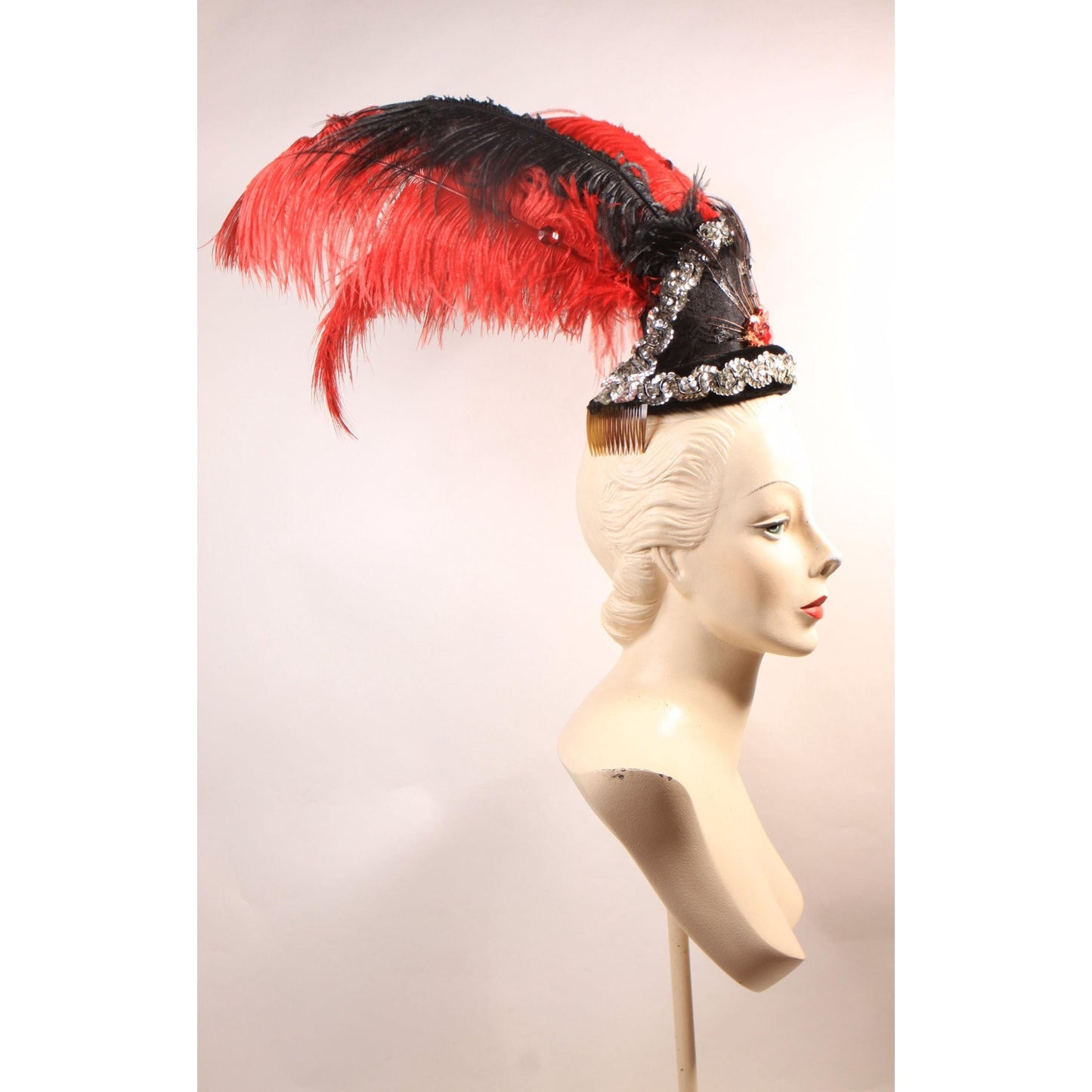 1970s Red and Black Costume Showgirl Burlesque Feather Sequin Headdress Headpiece Hat