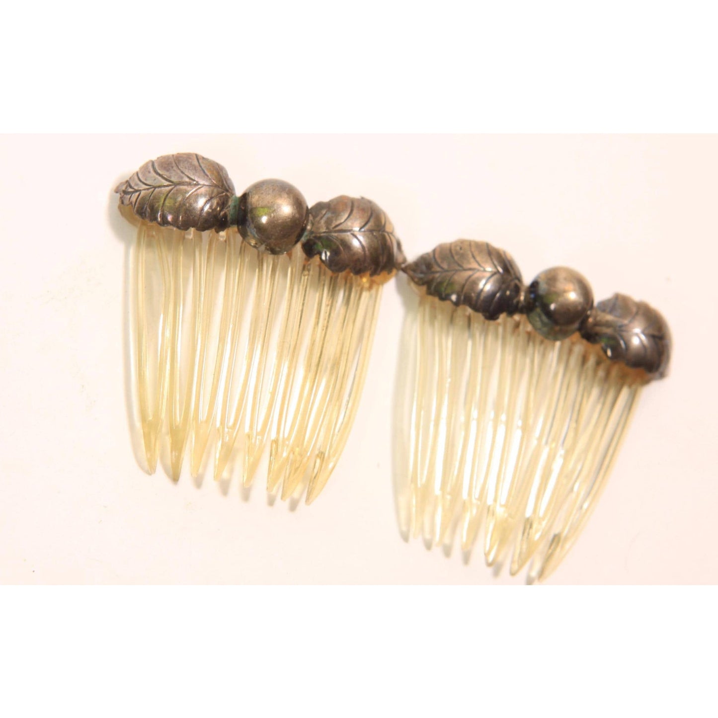 1920s 1930s Silver Leaf Metal and Plastic Set of 2 Hair Combs