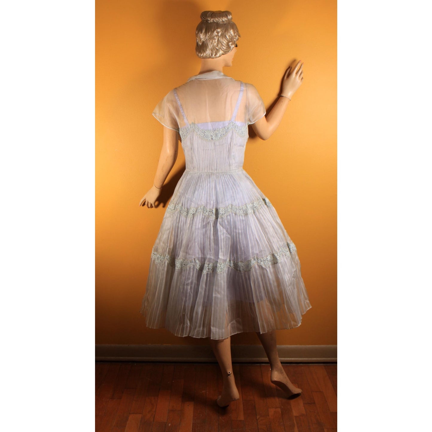 1950s Sheer Light Blue Short Sleeved Fit and Flare Floral Lace Trim Dress -L