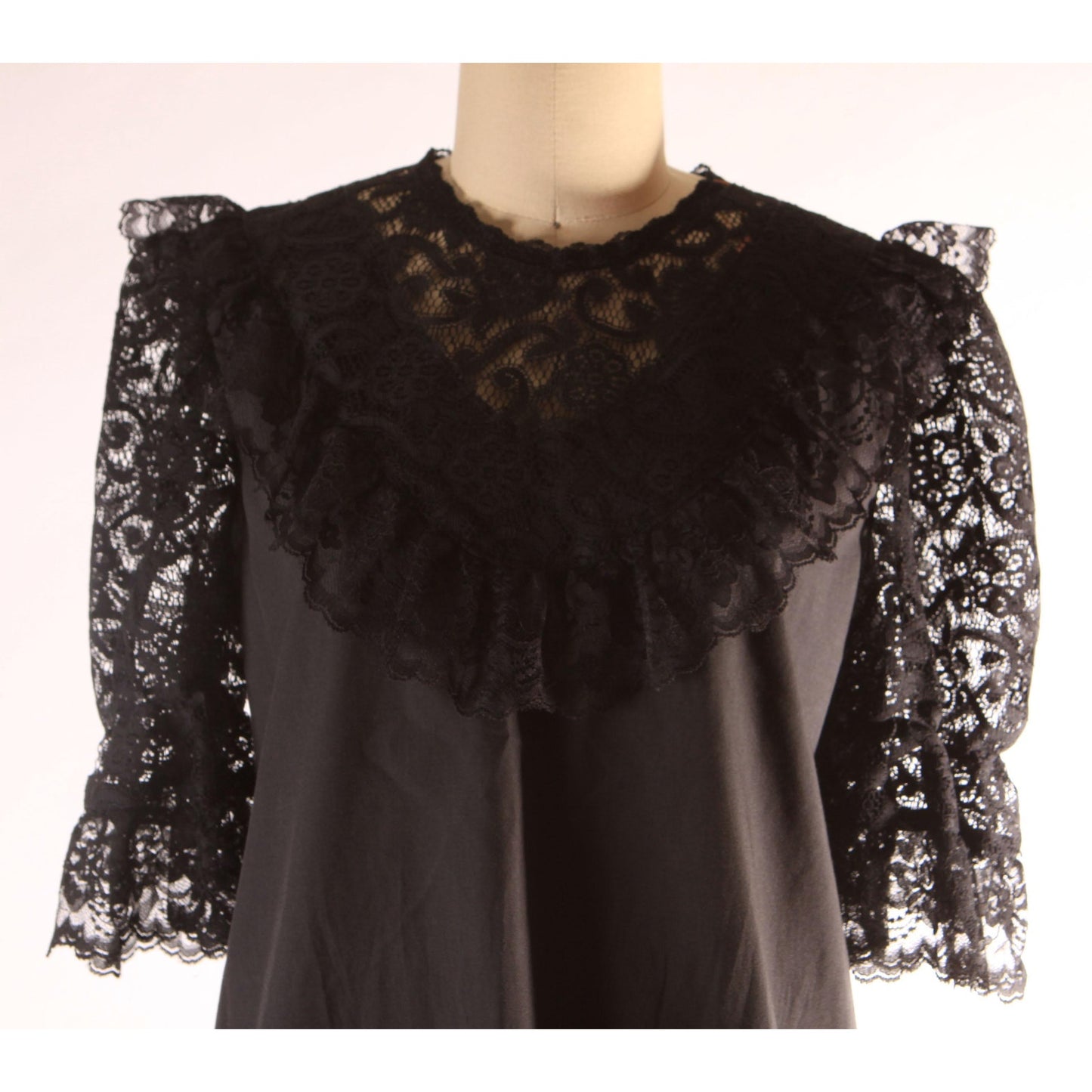 1970s Early 1980s Black Sheer Lace Puffy Sleeve Square Dance Gothic Blouse by Square Up -S