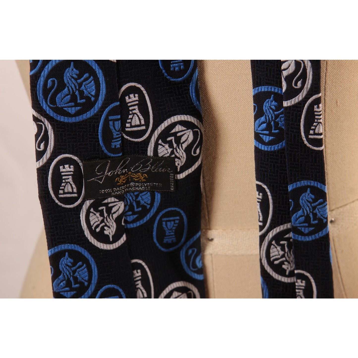 1970s Novelty Knight Chess Navy Blue, Turquoise Blue and White Polyester Wide Necktie Tie by John Blair