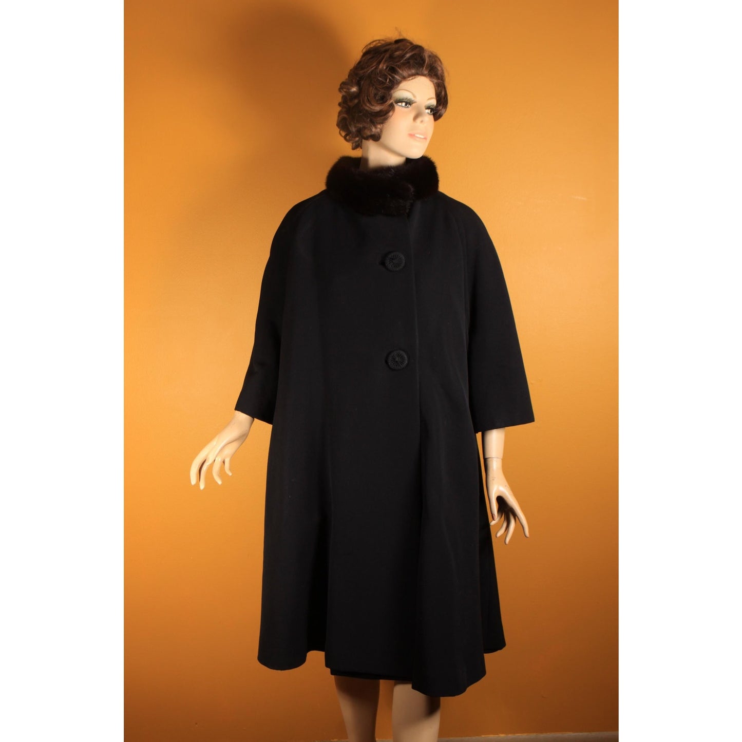 1950s Black Bracelet Sleeve Mink Fur Collar Swing Coat by Netter's -XL