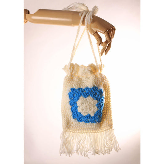 1970s White and Turquoise Blue Crochet Granny Square Drawstring Fringe Purse Bag