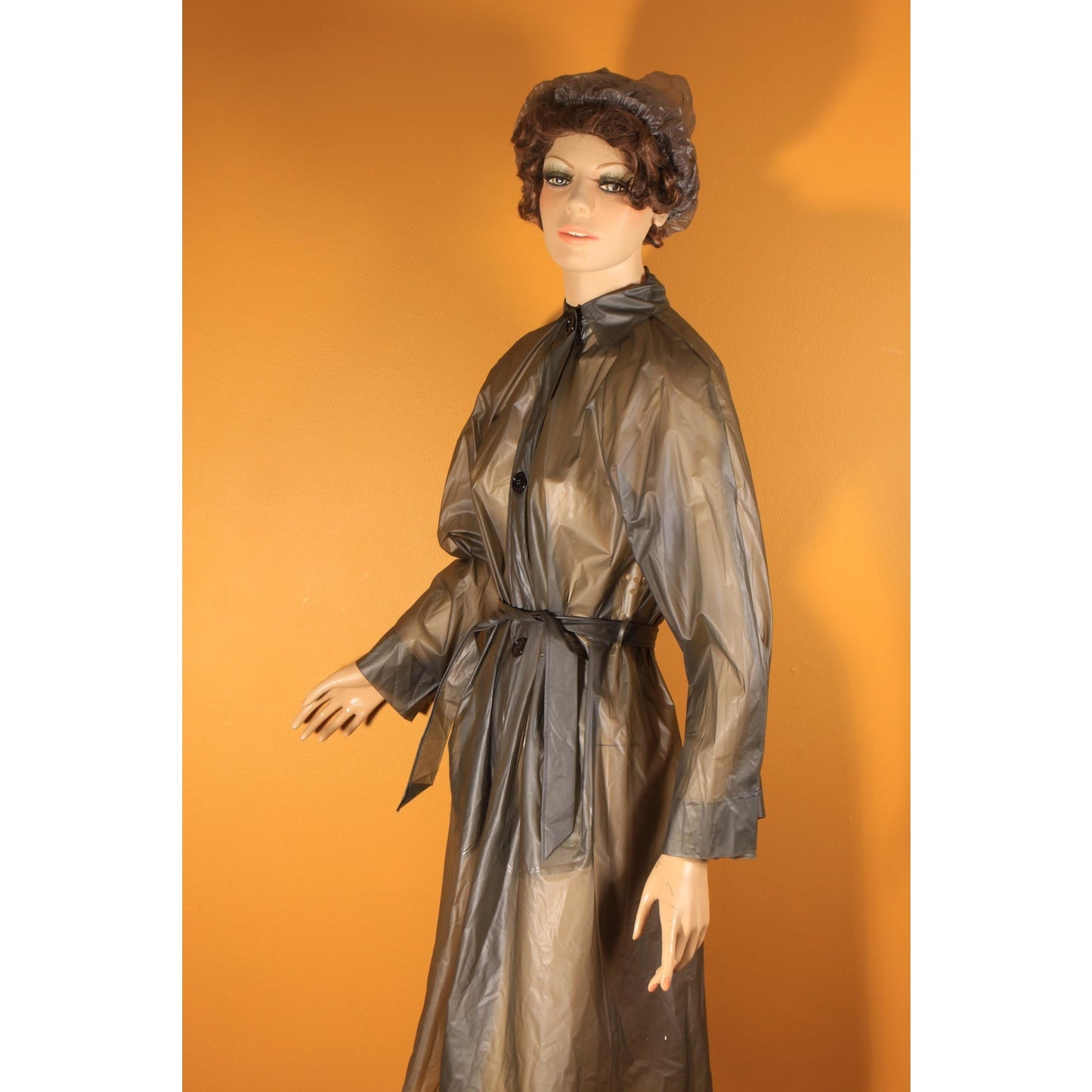 1950s 1960s See Through Gray Button Down Belted Raincoat with Matching Rain Bonnet by Aqua Sheen by Exylin -S