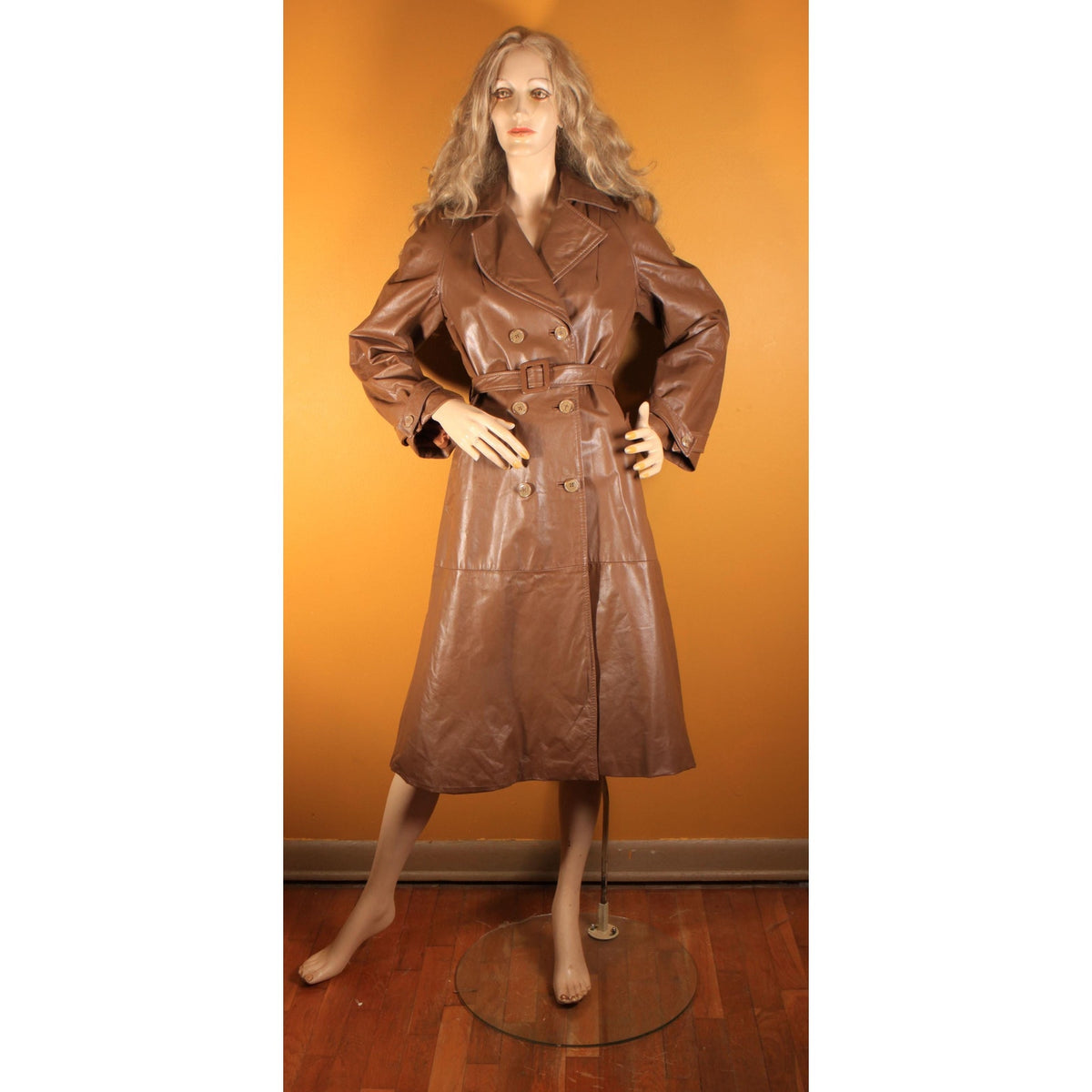 1970s Tan Brown Long Sleeve Belted Pocketed Leather Trench Coat by Montgomery Ward -M