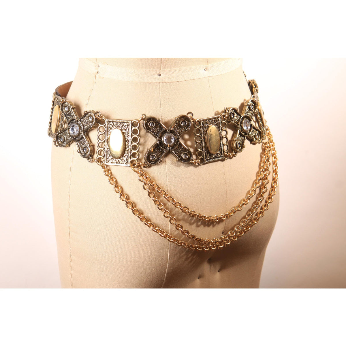 1980s Black Leather and Gold Brass Tone Metal Chain Draped Belt by Leatherock -M