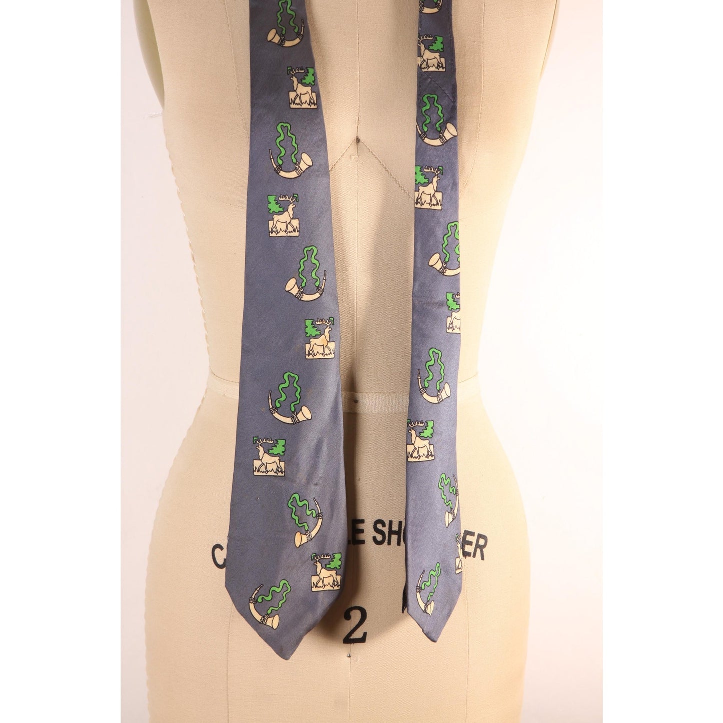1950s Gray, Green and White Novelty Deer Elk Necktie Tie by Masterpiece by Beau Brummell