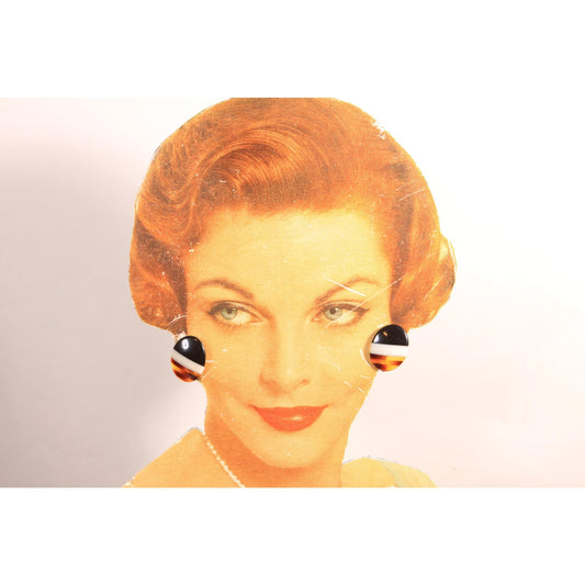 1980s Black, White and Brown Striped Plastic Stud Pierced Earrings