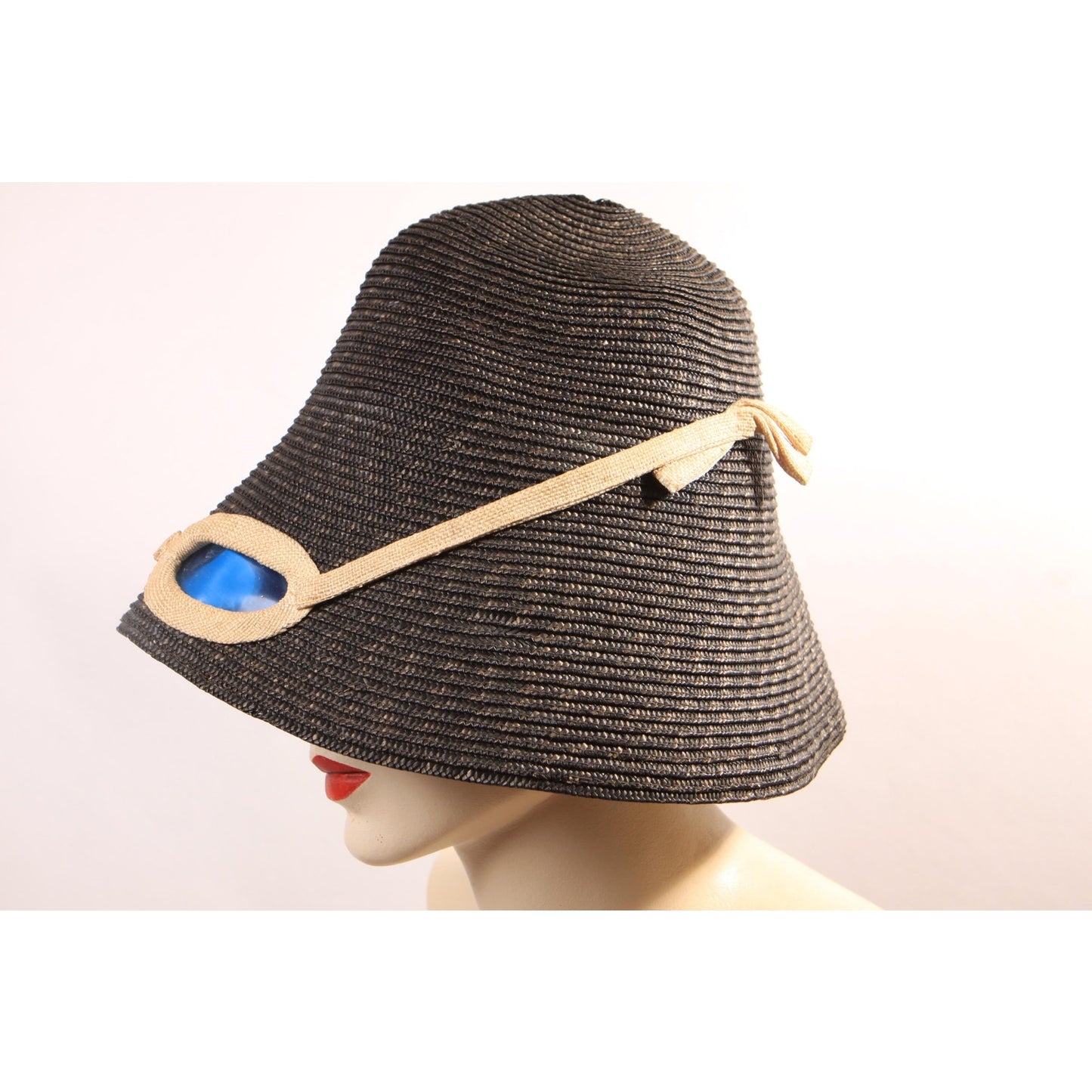 1950s Navy Blue and Cream Blue Lens Novelty Sunglasses Straw Bucket Sun Hat