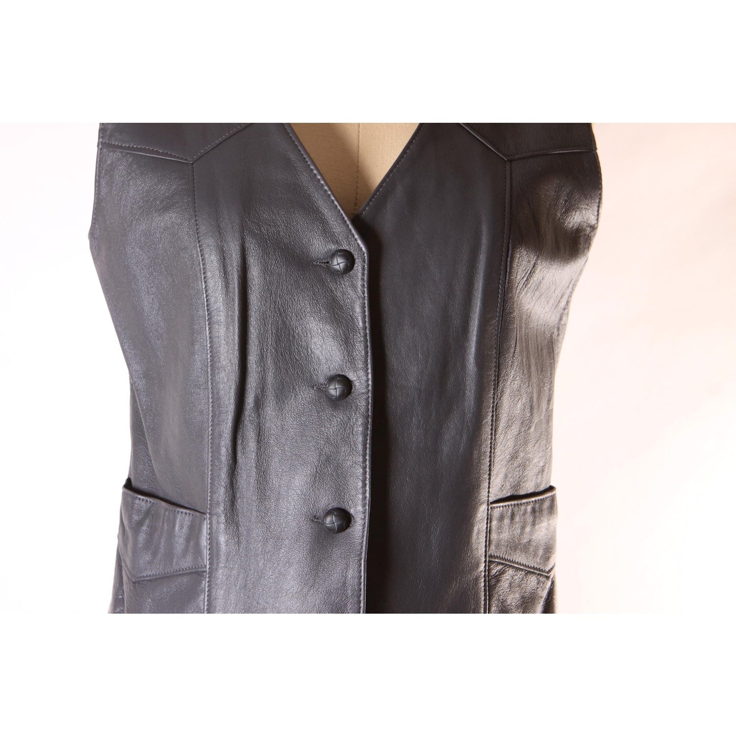 1970s Dark Gray Leather Button Down Pocketed Western Vest by Trego's Westwear Inc. -S-M