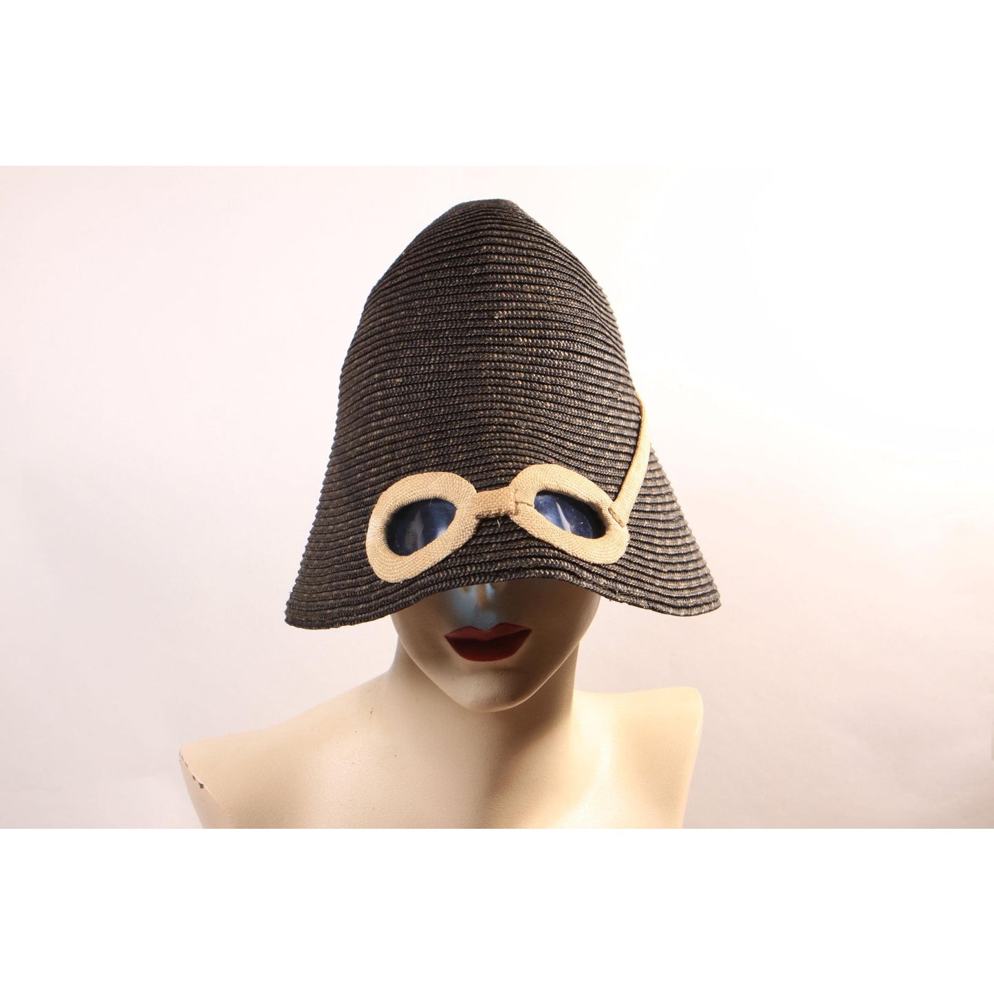 1950s Navy Blue and Cream Blue Lens Novelty Sunglasses Straw Bucket Sun Hat