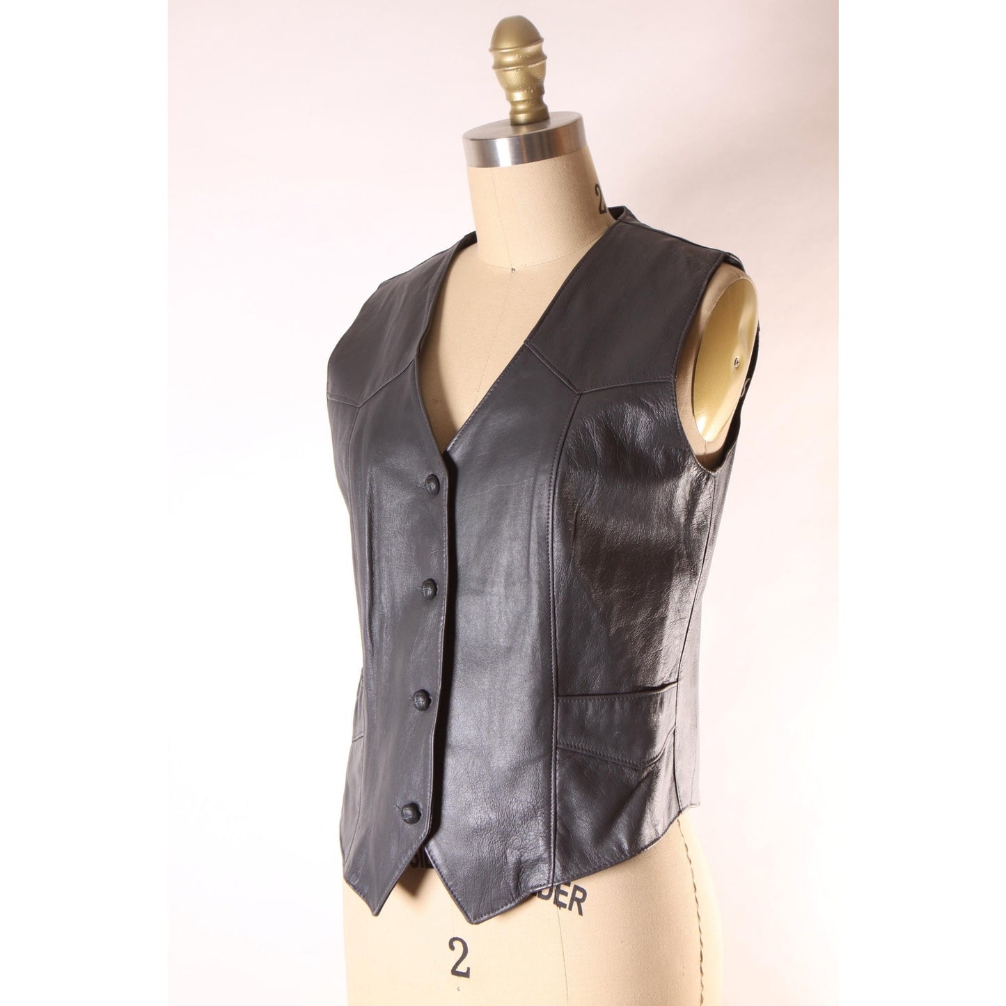 1970s Dark Gray Leather Button Down Pocketed Western Vest by Trego's Westwear Inc. -S-M