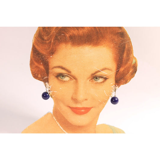 1950s Navy Blue Beaded Screw Back Earrings