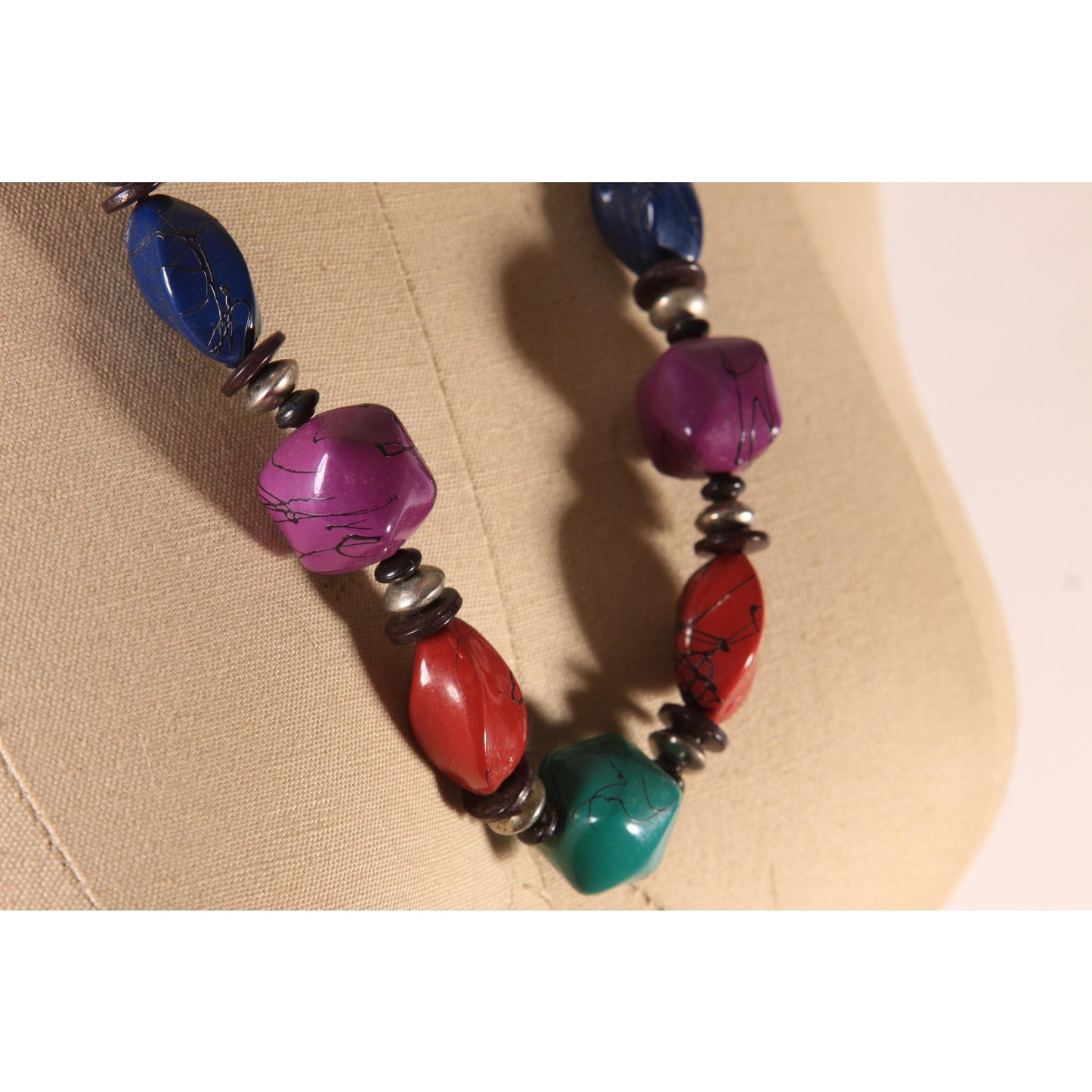 1980s Black, Teal and Burgundy Chunky Beaded Necklace