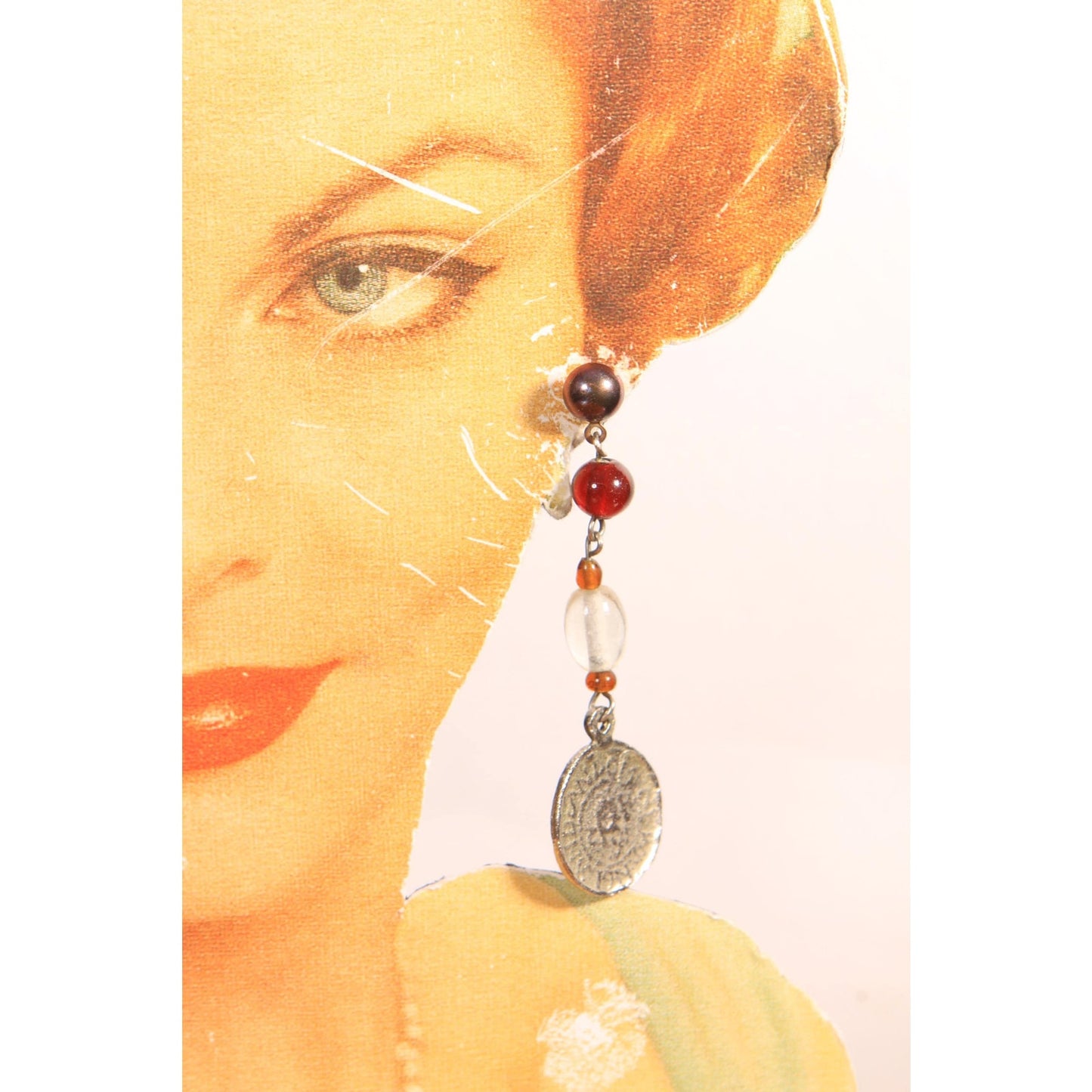 1990s Multi Colored Beaded Faux Coin Dangle Pierced Earrings