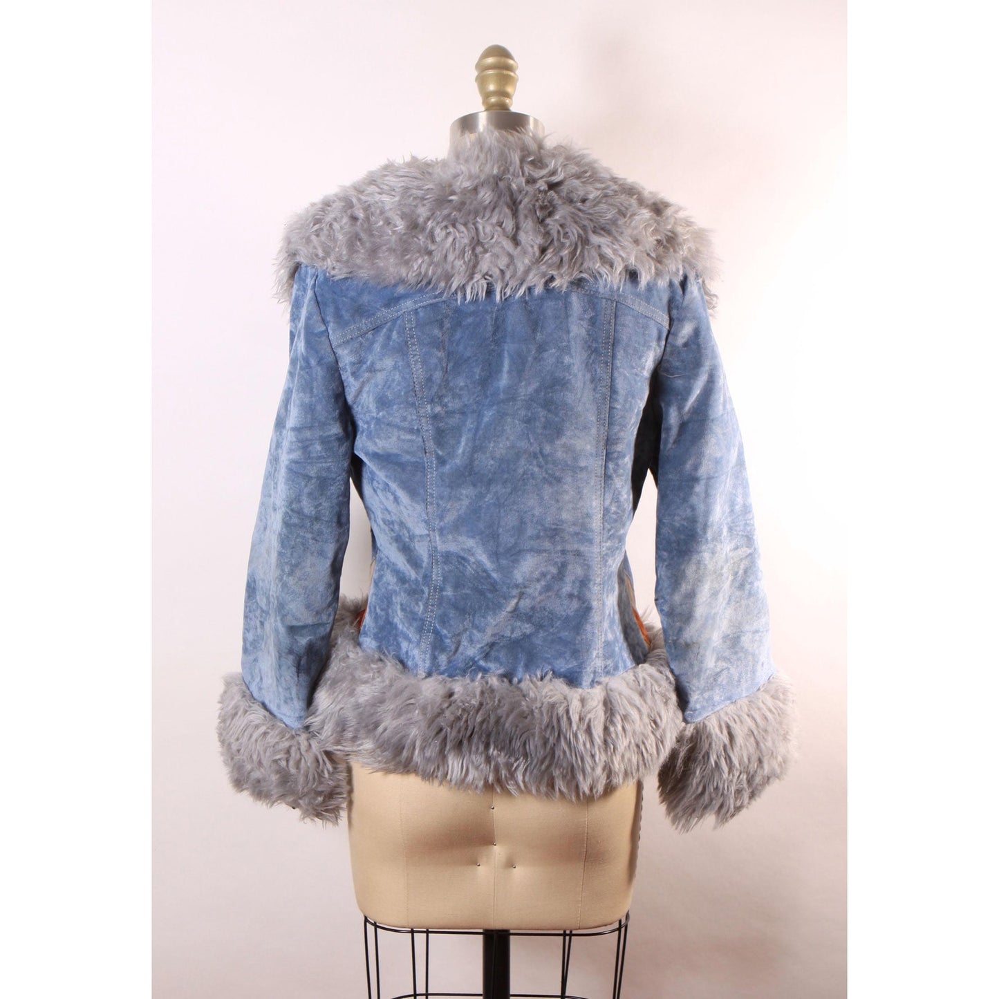 1970s Blue, Brown and Tan Velveteen Striped Faux Fur Trim Waist Length Penny Lane Coat