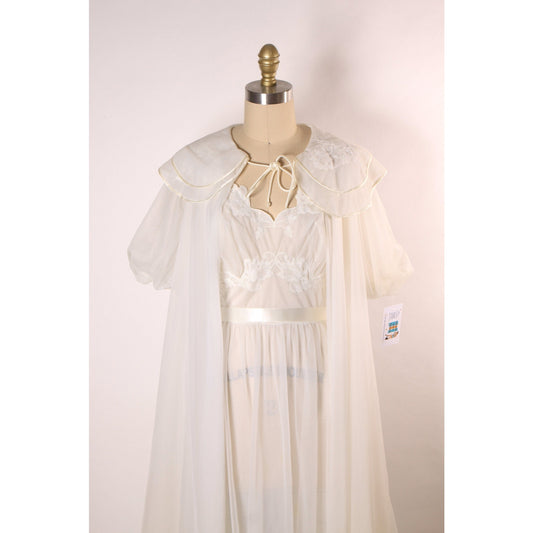 1950s Sheer White Floral Spaghetti Strap Ribbon Tie Nightgown with Matching Short Sleeve Negligee Robe Peignoir Lingerie Set by Vanity Fair