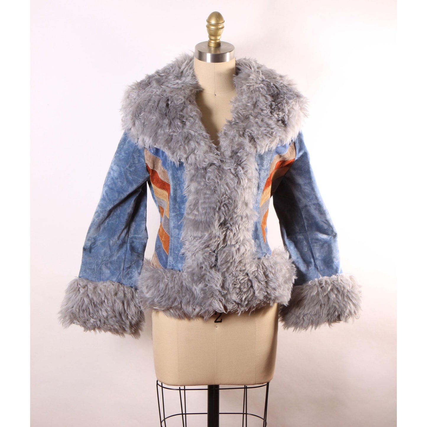 1970s Blue, Brown and Tan Velveteen Striped Faux Fur Trim Waist Length Penny Lane Coat