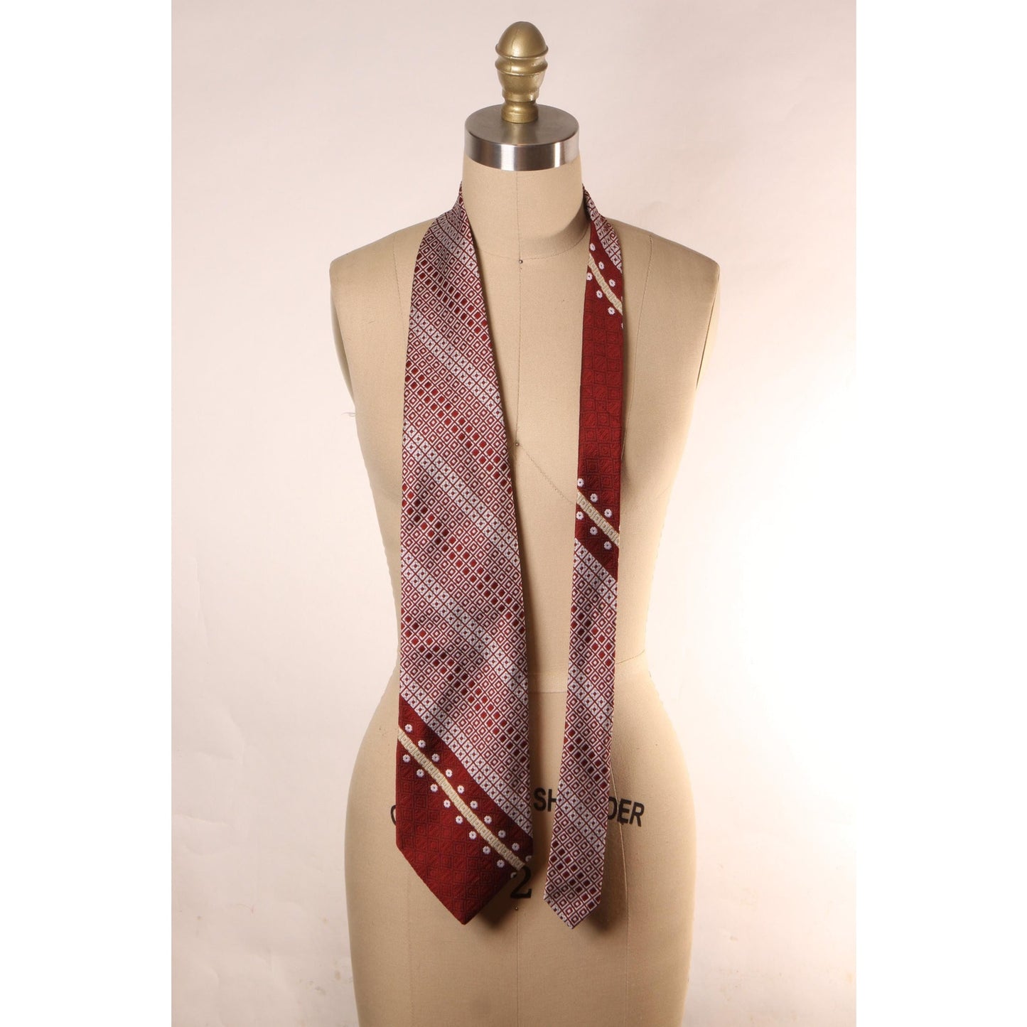 1970s Deadstock Burgundy, Tan and White Polyester Patterned Wide Necktie Tie by Mr. John & Marx