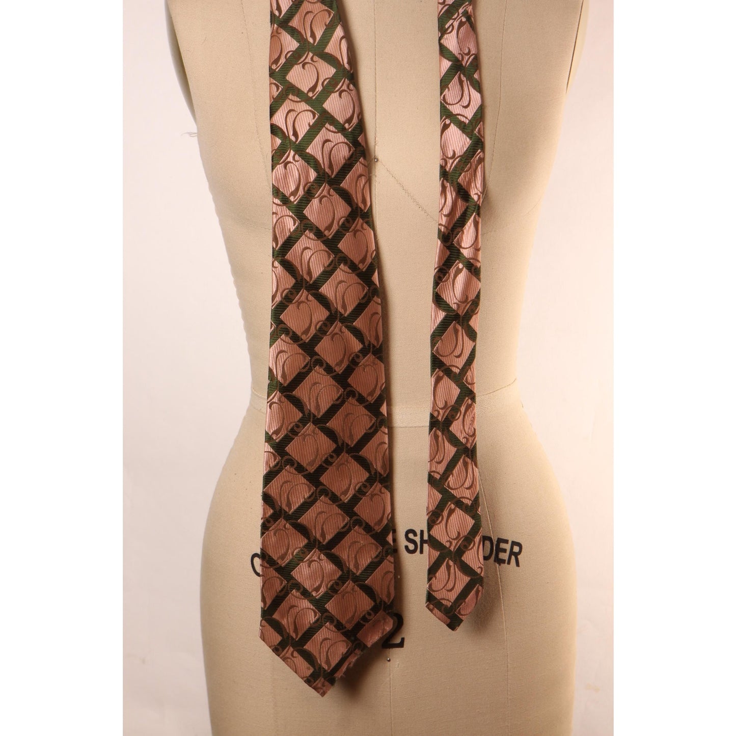 1970s Forest Green, Gold and Tan Plaid Swirl Wide Necktie Tie by Montgomery Ward