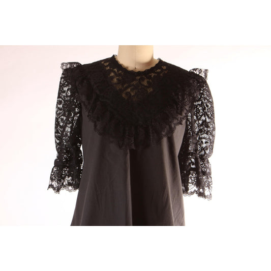 1970s Early 1980s Black Sheer Lace Puffy Sleeve Square Dance Gothic Blouse by Square Up -S
