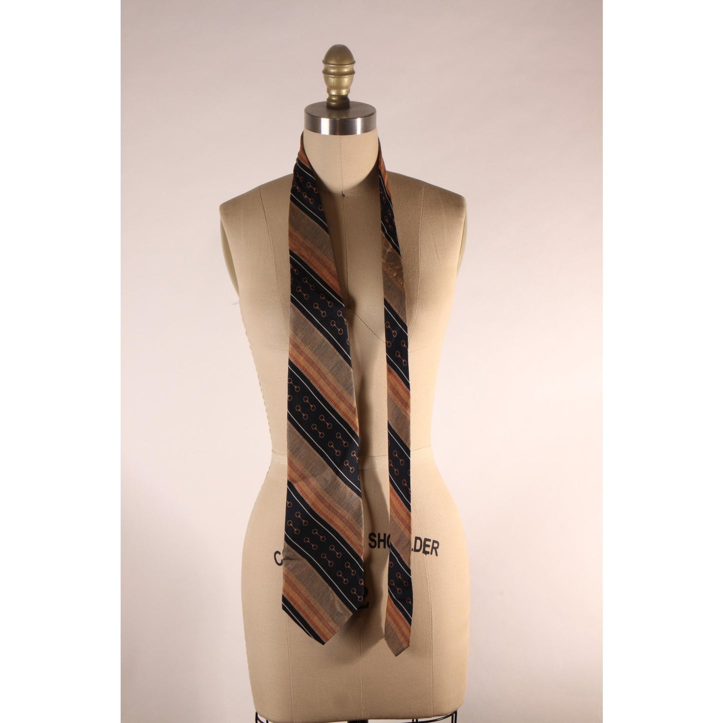 1970s Navy Blue, Brown and Orange Striped Equestrian Bit Horse Necktie Tie