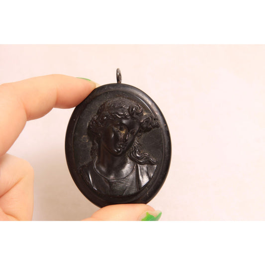 Antique Victorian 1800s Vulcanite Black Cameo Necklace Pendant