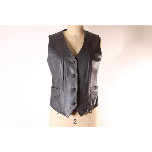 1970s Dark Gray Leather Button Down Pocketed Western Vest by Trego's Westwear Inc. -S-M