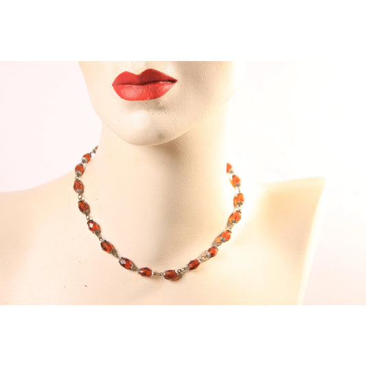 1940s 1950s Brass Tone Amber Glass Beaded Faceted Necklace