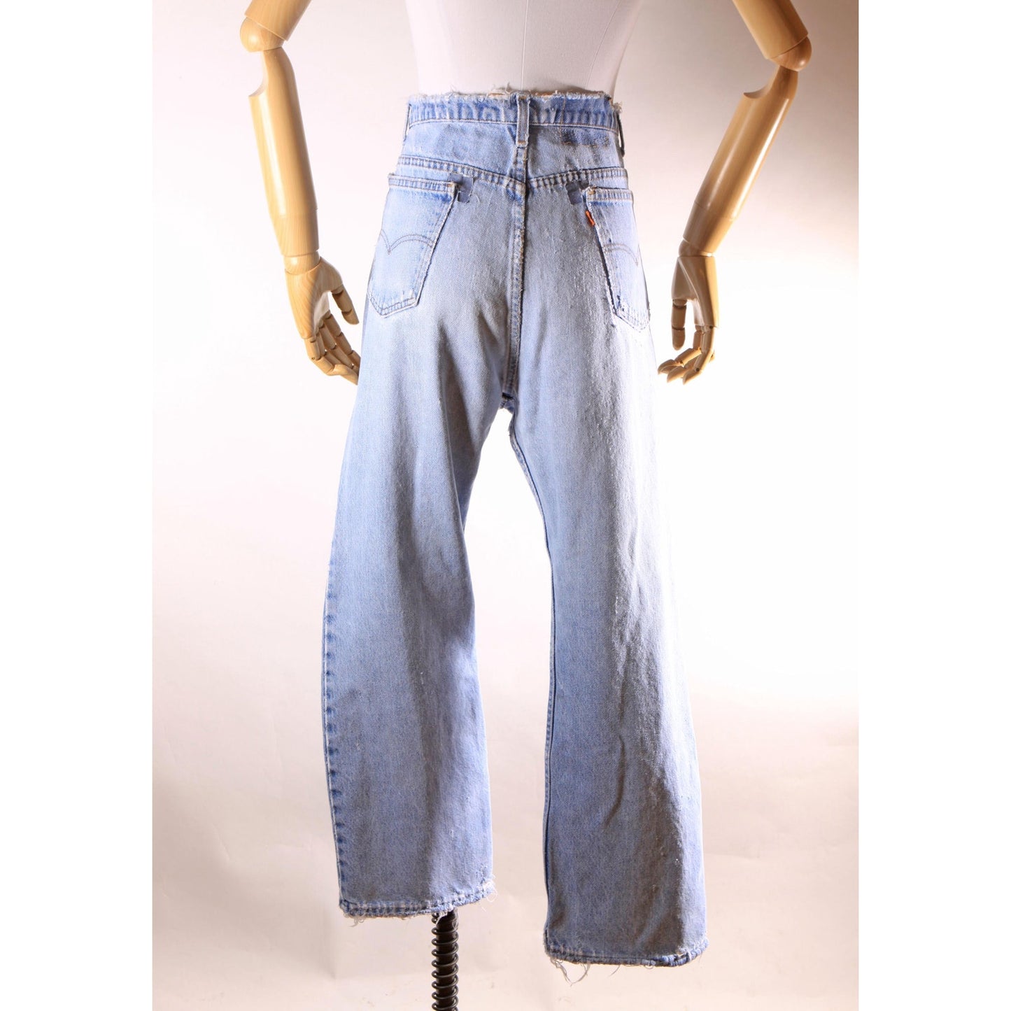 1980s Distressed Patch Fraying Blue Denim Orange Tab 517 Jeans by Levi's -38x29