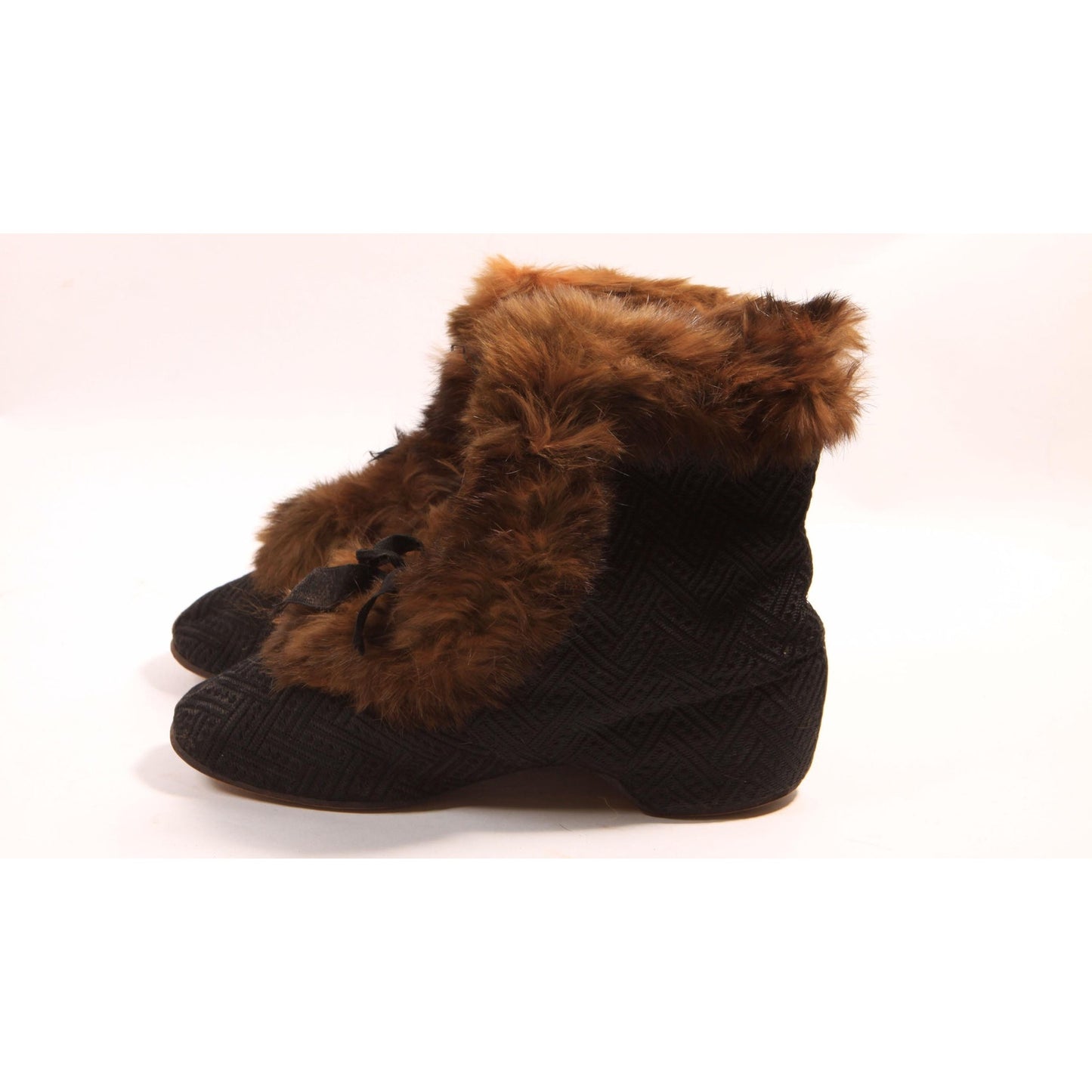 Antique 1800s Victorian Black and Brown Fur Lined and Fur Trim Lace Up Carriage Slipper Boots