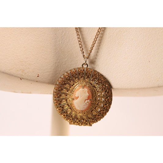 1970s Gold Tone Metal Pink and Cream Cameo Locket Pendant Necklace