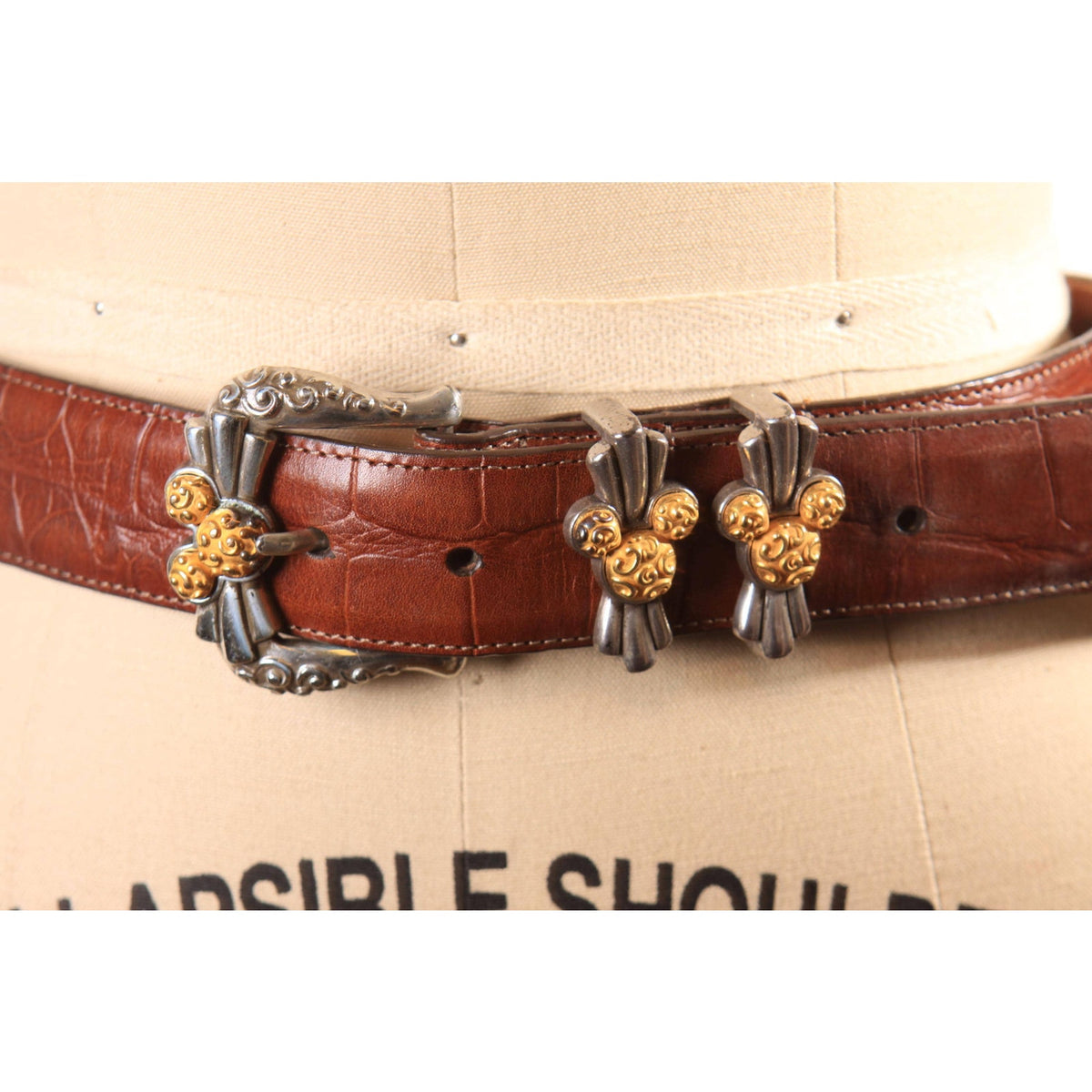 1990s Brown Leather Reptile Pattern Silver and Gold Tone Metal Novelty Mickey Mouse Disney Belt by Brighton and Disney