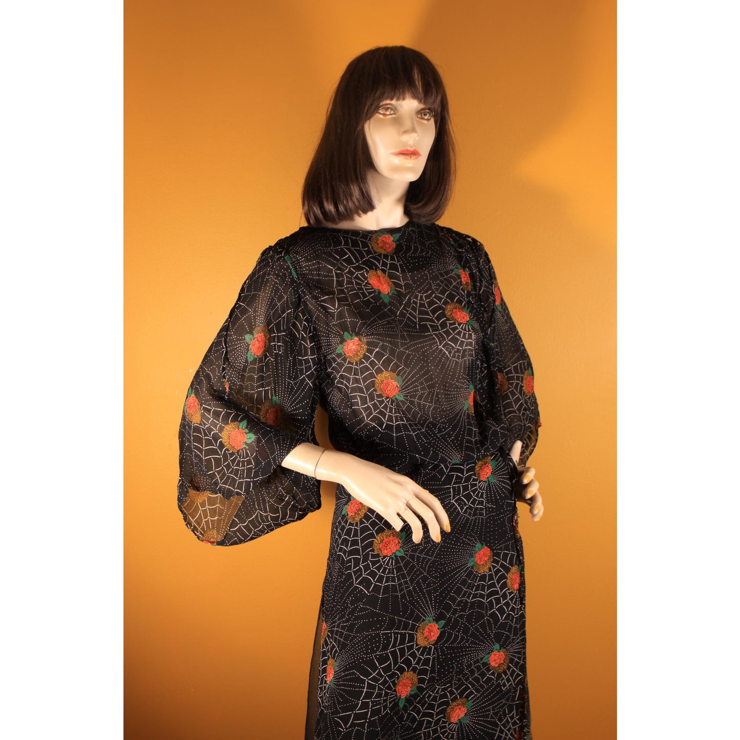 1970s Black, White and Red Novelty Spiderweb and Roses Print Sheer Dress by Saba -S