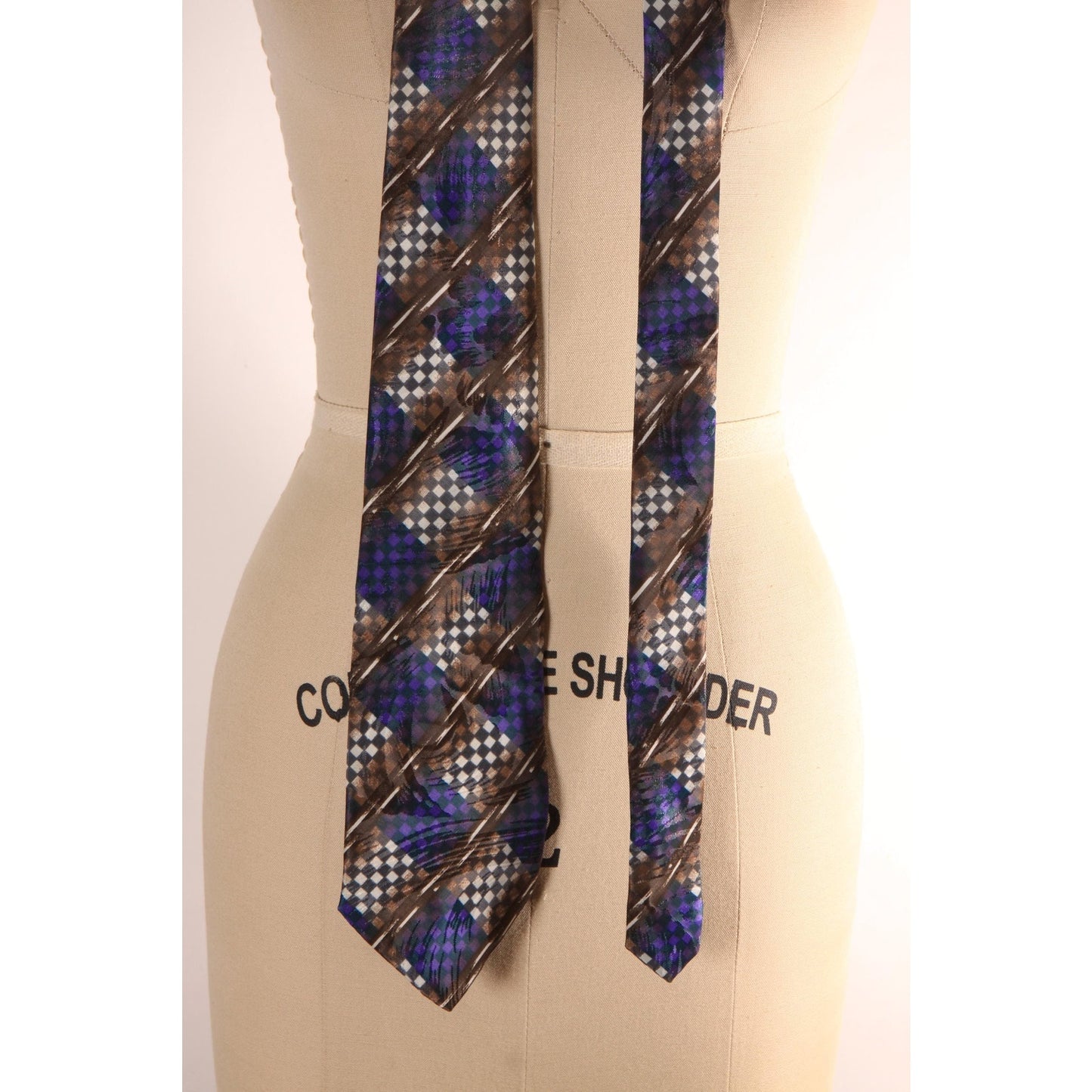1980s 1990s Navy Blue, Tan and Gray Geometric Necktie Tie by Manhattan
