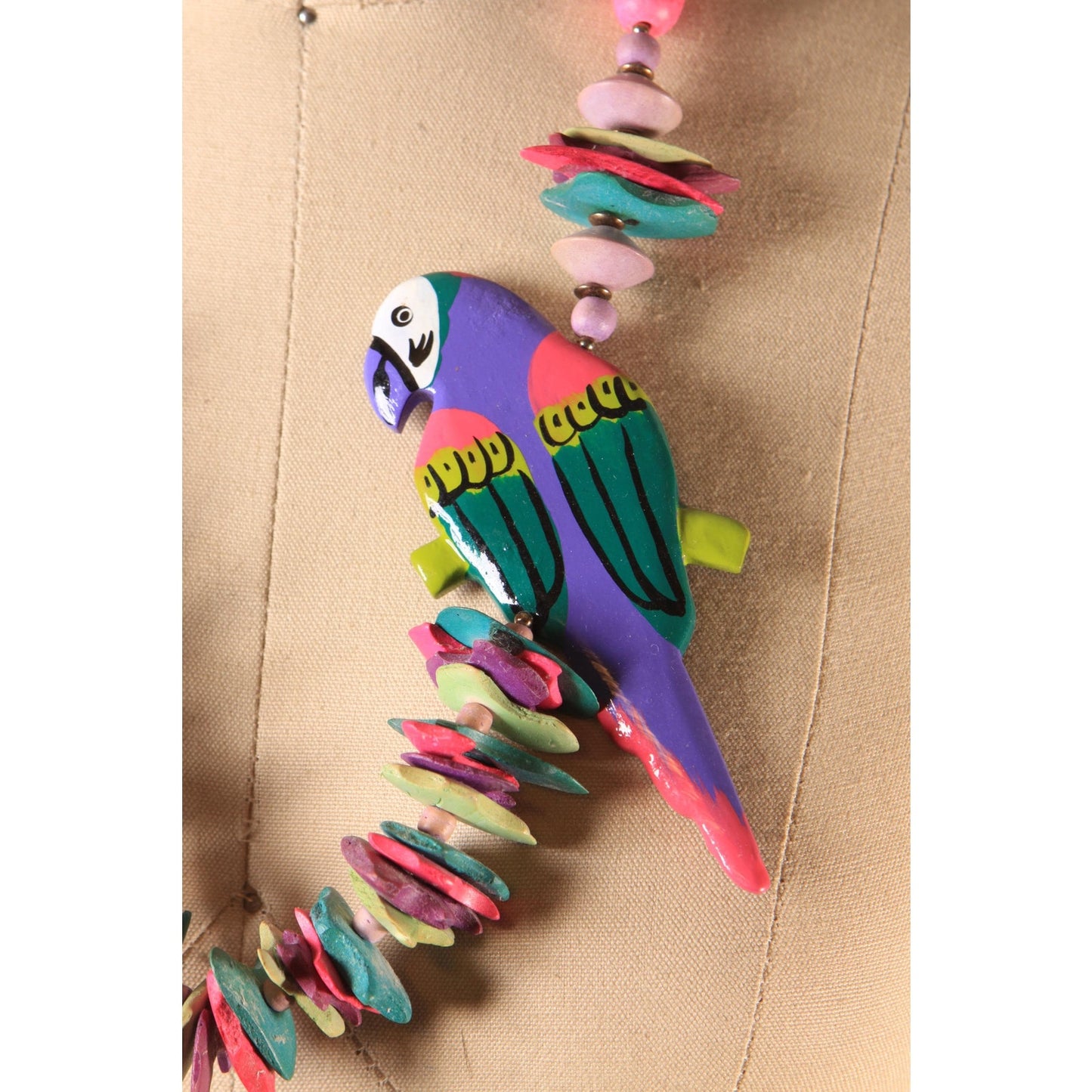 1980s Novelty Multi-Colored Wood Carved Beaded Parrot Necklace