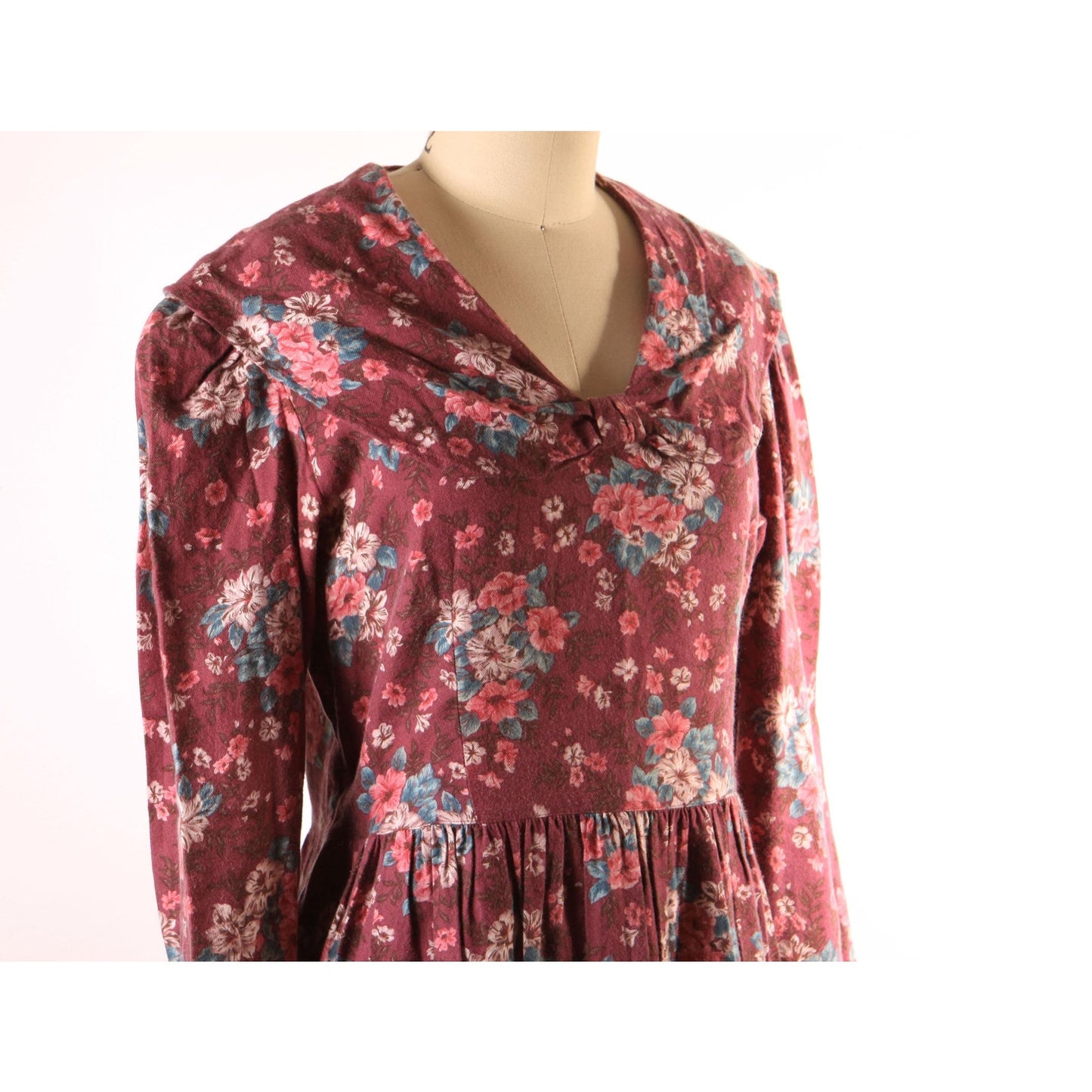 1980s Burgundy, Pink and Green Floral Sailor Collar Long Sleeve Dress by Laura Ashley-L