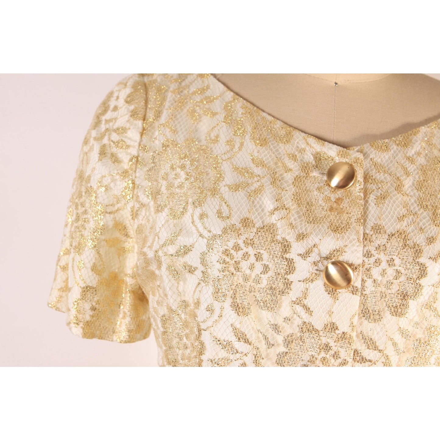 Dead Stock 1980s Gold Metallic Floral Flower Lace Button Down Blouse with Matching Striped Skirt Suit Outfit by Honeybee -XS
