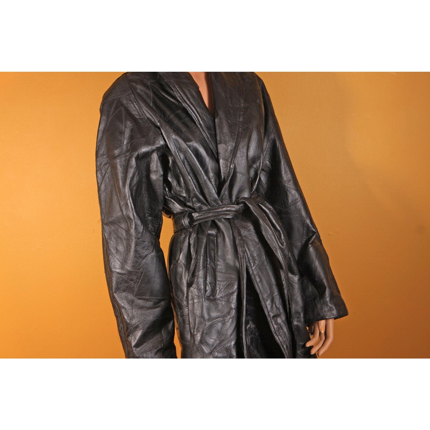 1980s Black Leather Patchwork Long Sleeve Coat - XXL