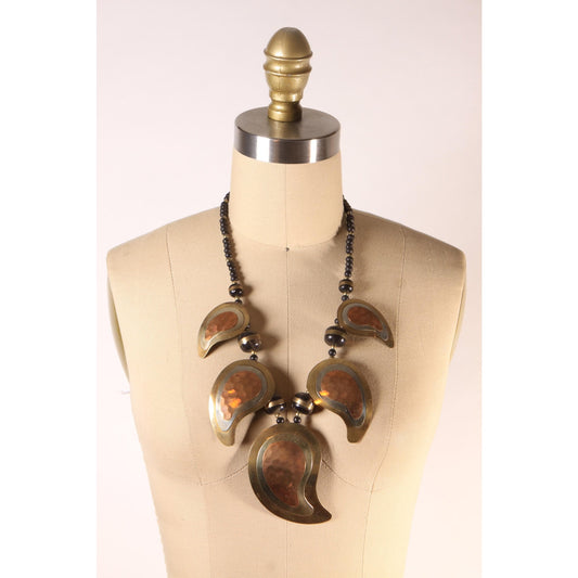 Late 1970s Copper and Brass Metal Hammered Beaded Paisley Shape Boho Oversized Chunky Necklace