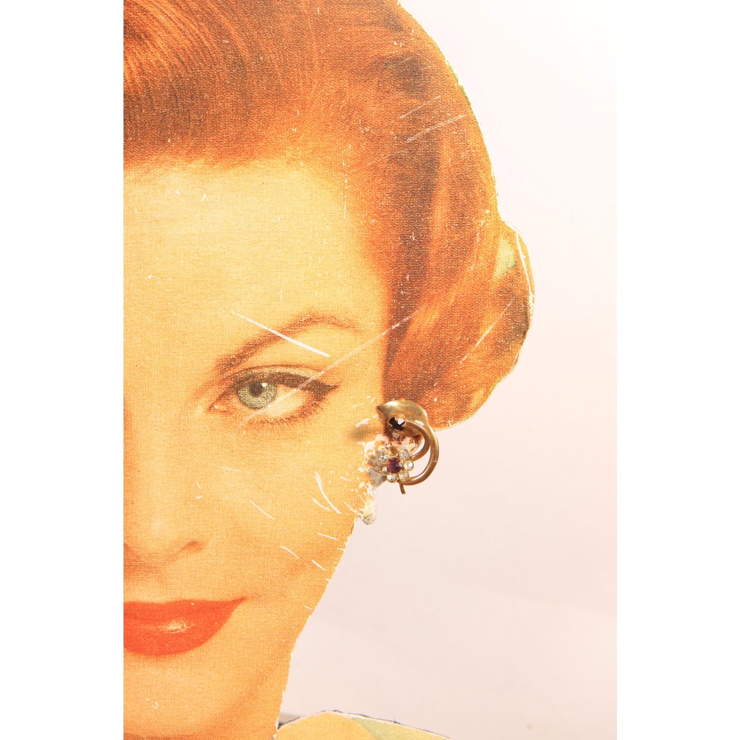 1950s Gold Tone Metal Swirl Floral Leaf Faux Diamond and Red Stone Screw Back Earrings