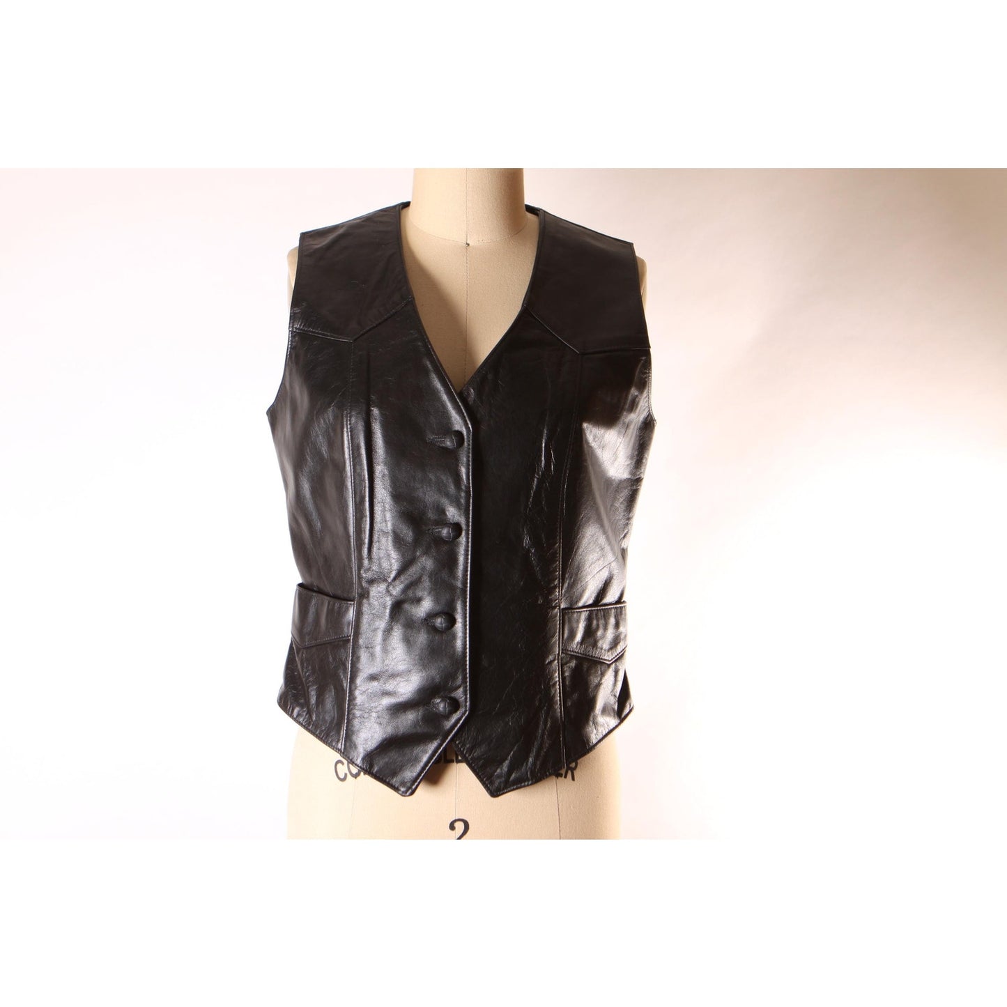 1970s Black Leather Button Down Pocketed Western Vest by Tony Lama -S-M