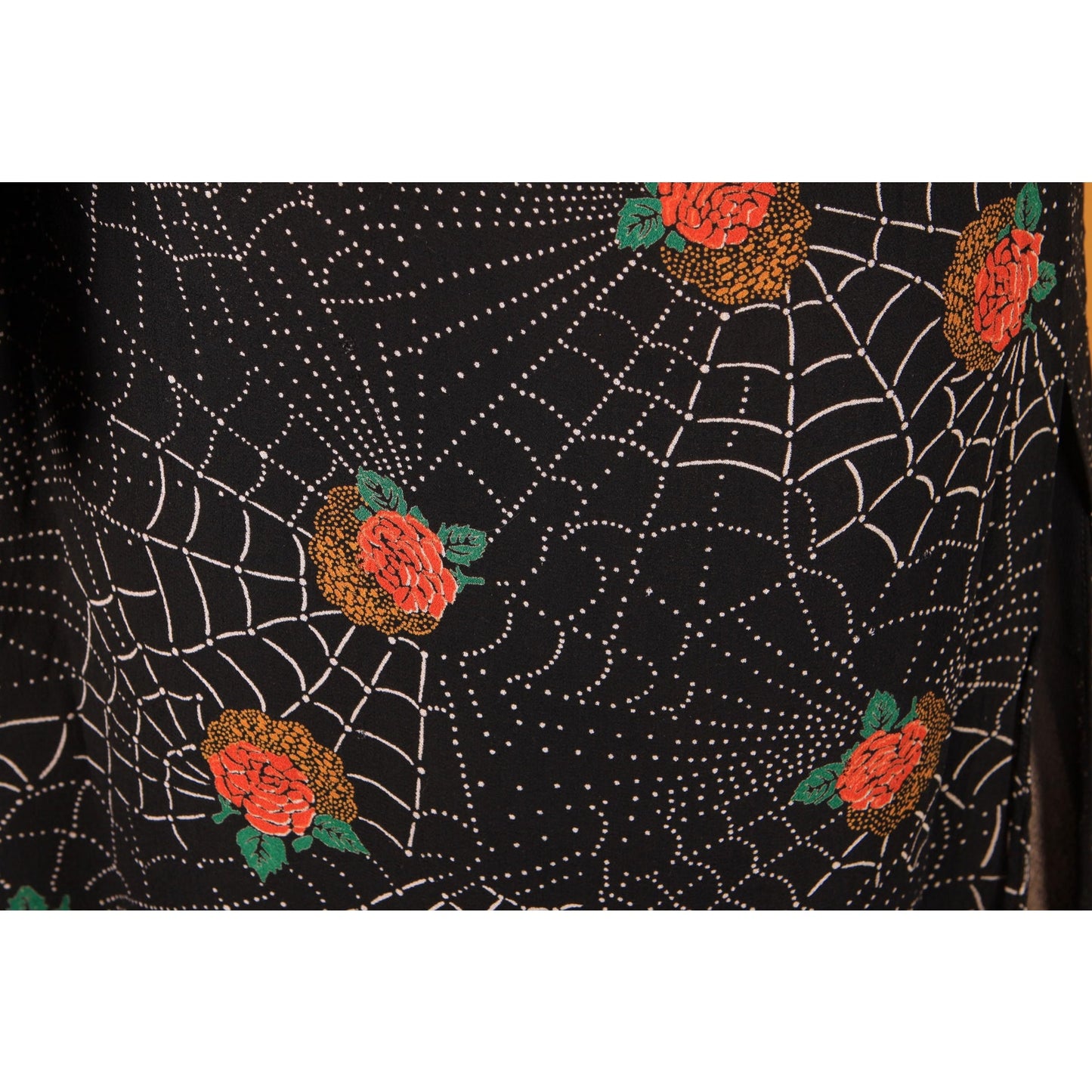 1970s Black, White and Red Novelty Spiderweb and Roses Print Sheer Dress by Saba -S