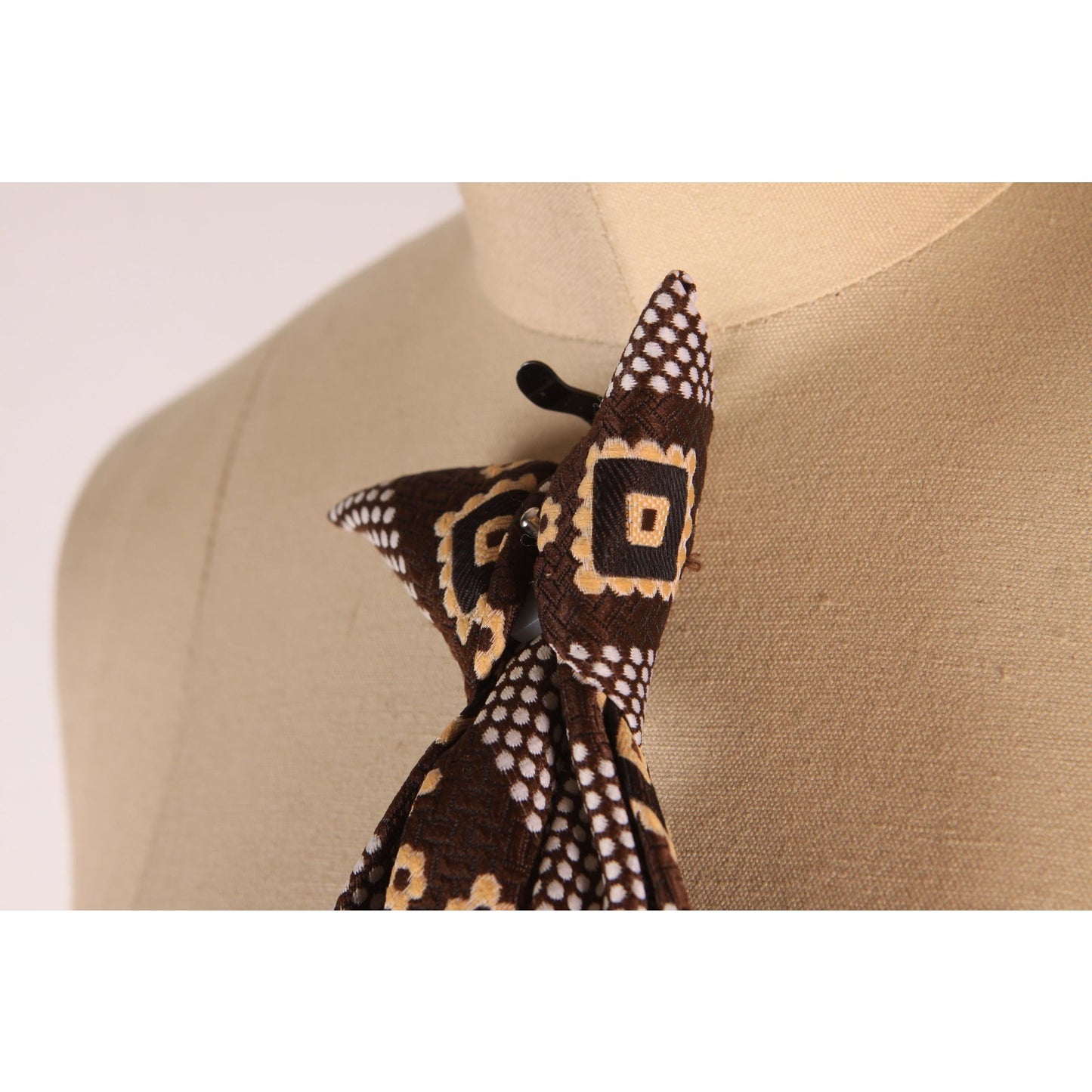 1960s Brown and Cream Geometric Clip On Necktie Tie by Rhynecliffe