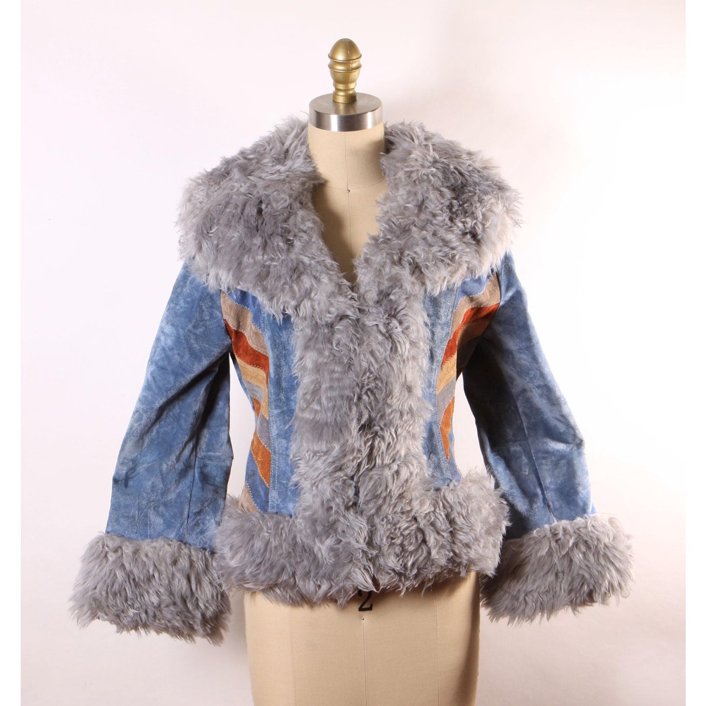 1970s Blue, Brown and Tan Velveteen Striped Faux Fur Trim Waist Length Penny Lane Coat